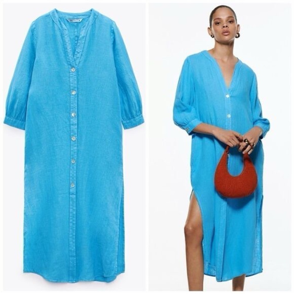 Zara Linen midi dress button down long sleeve cobalt blue tunic a-line pockets